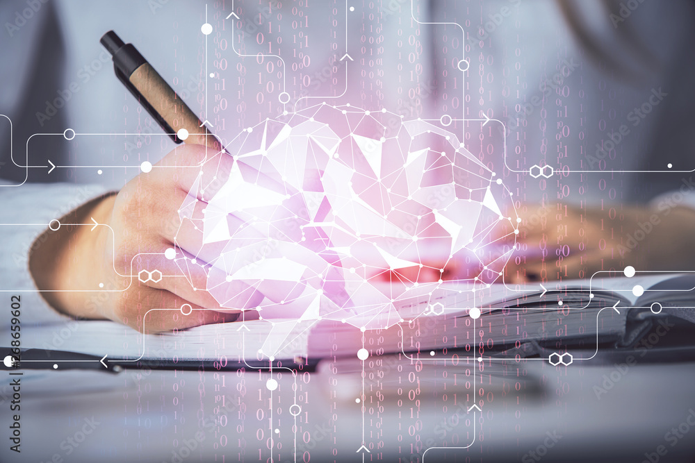Poster double exposure of woman's writing hand on background with brain hologram. concept of brainstorming.