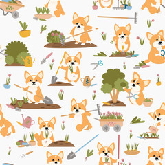 Seamless pattern. Cute welsh corgi in various poses. Corgi dogs gardening plants, weed beds, watering seedlings, pruning bushes and trees, working in the garden. Vector illustration