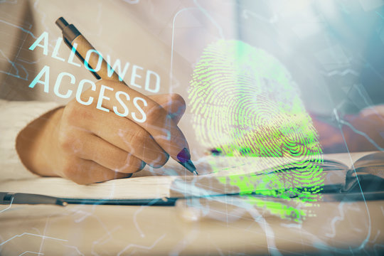 Blue fingerprint hologram over woman's hands taking notes background. Concept of protection. Double exposure