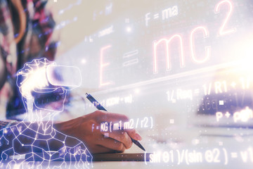 Science formula hologram over woman's hands taking notes background. Concept of study. Multi exposure