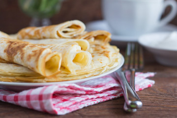sweet pancakes with cheese for Breakfast on wooden background