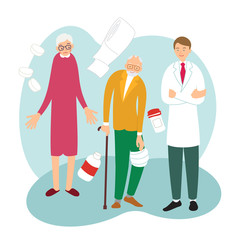 Health care concept. Medical checkup. An elderly man with sick arm at reception at practicing doctor. Family came to visit hospital. Illustration with background with medical accessories in flat style