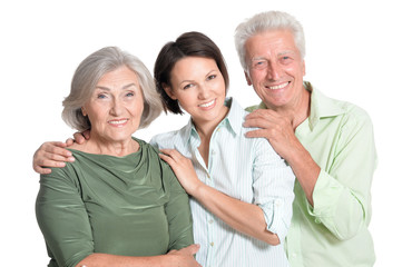 Happy senior parents with daughter on a white background