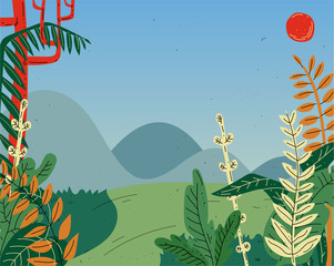 Beautiful summer nature landscape with mountains, hills, field, meadow.