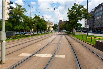Fototapeta na wymiar Tram lines running through downtown Munich, Germany
