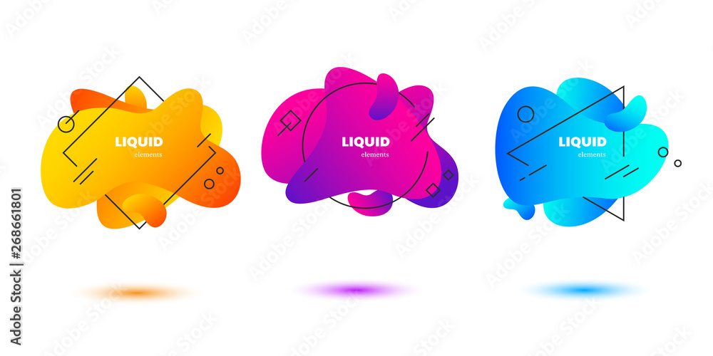 Poster set of abstract badges. flowing liquid shapes with fluid gradient color and geometric elements. isol