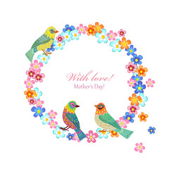 Fototapeta na wymiar invitation card with floral wreath and birds for your design
