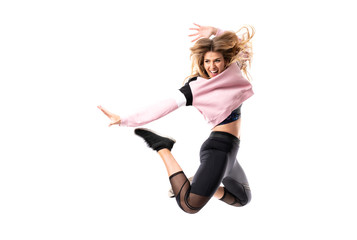 Urban Ballerina dancing over isolated white background and jumping