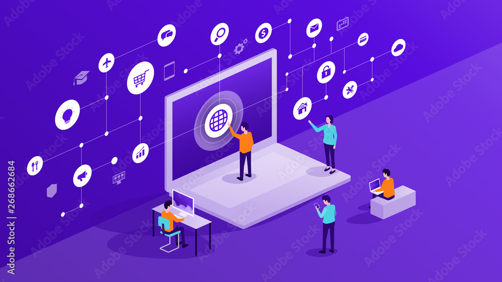 Poster business people and team working and use internet online network connection concept