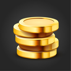 Stack of golden dollar coins isolated on dark background.