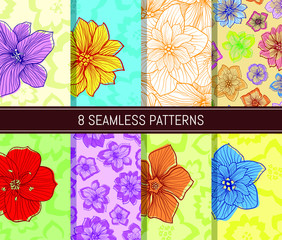 Seamless patterns set. Abstract flowers backgrounds. Vector illustration.