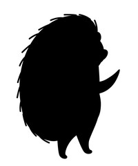 Black silhouette. Adorable hedgehog, forest animal. Spiny mammal. Hedgehog stand on two legs. Cute cartoon animal design. Flat vector illustration isolated on white background