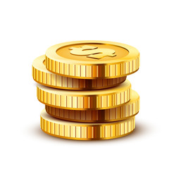Stack of golden dollar coins isolated on white background.
