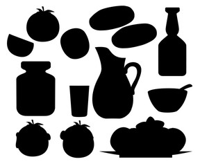 Black silhouette. Collection of tomato products and dishes. Fresh and Cooked Tomatoes. Tomatoes in transparent glass jar and juice in glass jug. Flat vector illustration isolated on white background