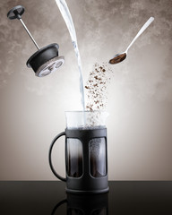 French press and coffee making elements, floating, photo manipulation