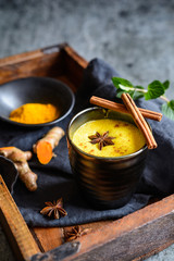 Healthy drink, turmeric golden milk in a jar