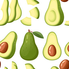 Seamless pattern. Fresh avocado and slice of avocados. Whole and half cut juicy avocado. Flat vector illustration on white background. Fresh green fruit, Vegetarian, vegan Healthy organic food