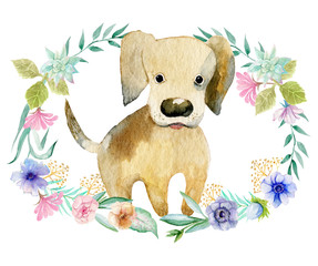 dog with a floral wreath