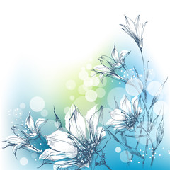 Bright floral background in blue and green. White lily bouquet