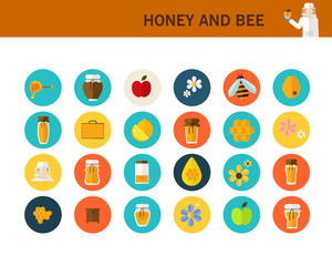 honey and bee concept flat icons.