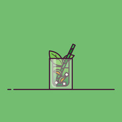 Iced tea line style vector. Transparent glass with iced tea or lemonade, ice cubes and lime leaves. Tube and fresh drink. Line style vector illustration. Cold drink pixel perfect banner.