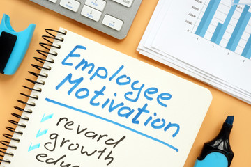 Employee motivation plan with words reward and growth.