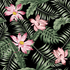 Materiał do szycia Botanical seamless pattern green leaves pink flowers black background