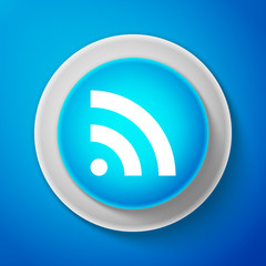 RSS icon isolated on blue background. Radio signal. RSS feed symbol. Circle blue button. Vector Illustration