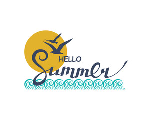 emblem of hello summer lettering with sea isolated on white background