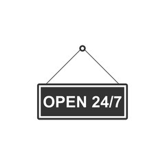 Hanging sign with text Open 24/7 hours icon isolated. Business theme for cafe or restaurant, club and bar. Flat design. Vector Illustration