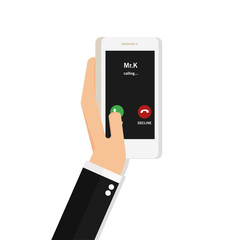 Man Hand Holding White Smartphone with Incoming Business Call on the Screen