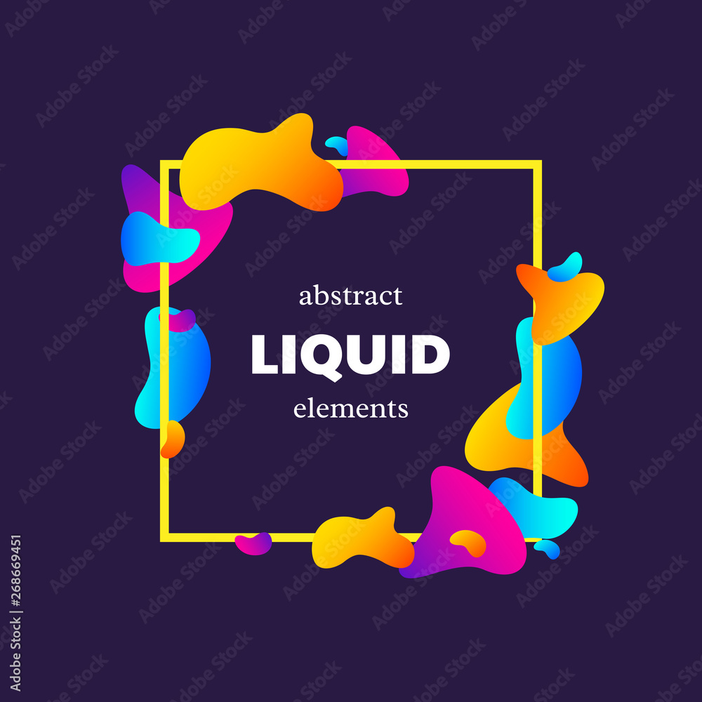 Poster frame with abstract liquid elements. flowing shapes with fluid gradient color and frame. vector tren