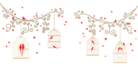 Vector illustration of curly tree branches with hearts, hanging bird cages, wild birds, budgies and parrots on white background. 