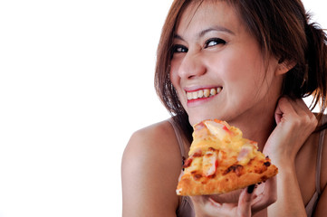 Happy woman eating tasty pizza.