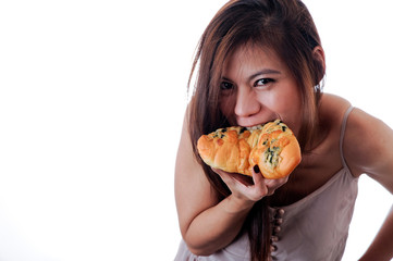 Happy woman eating tasty pizza.