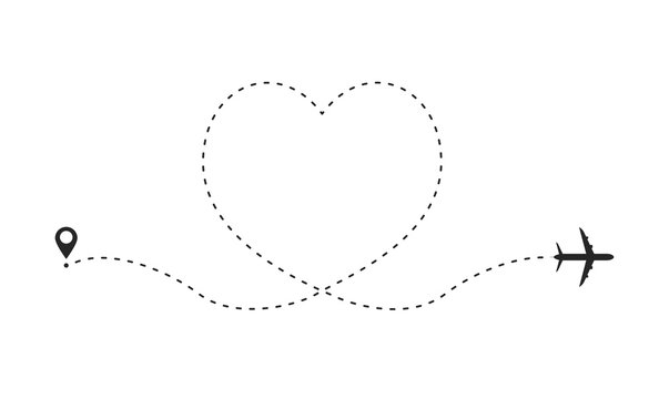 Airplane route in heart shape. Romantic travel concept. Travel and tourism concept, background with start point, airplane and dashed line trace
