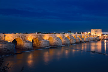 Fototapeta premium Lights reflected in the Guadalquivir river from the Roman Bridge and Calahorra Tower at dusk Cordoba