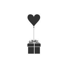 Gift with balloon in shape of heart icon isolated. Valentine's day, wedding, birthday card. Flat design. Vector Illustration