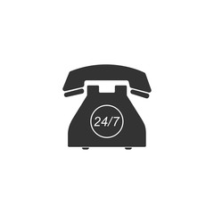 Telephone 24 hours support icon isolated. All-day customer support call-center. Full service 24 hour. Open 24 hours a day and 7 days a week. Vector Illustration