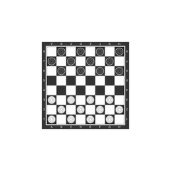 Board game of checkers icon isolated. Ancient Intellectual board game. Chess board. White and black chips. Flat design. Vector Illustration