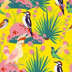 Fototapeta na wymiar Vector flat seamless tropical pattern with hand drawn jungle plants, exotic birds and floral wild nature elements isolated on yellow background. Good for packaging paper, cards, wallpapers, gift tags.