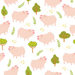Vector flat seamless pattern with hand drawn cute farm domestic pig animals, trees plant elements isolated on white background. For packaging paper, cards, wallpapers, gift tags, nursery decor etc.