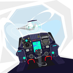 Interception of the drone illustration. The cockpit of a fighter inside. Pursuit of a military aircraft