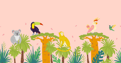 Vector flat tropical seamless pattern with hand drawn jungle trees and elements, koala, monkey animals, parrot, toucan birds isolated. For packaging paper, cards, wallpapers, gift tags, nursery decor.