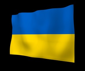 The flag of Ukraine on a dark background. National flag and state ensign. Blue and yellow bicolour. 3D illustration waving flag