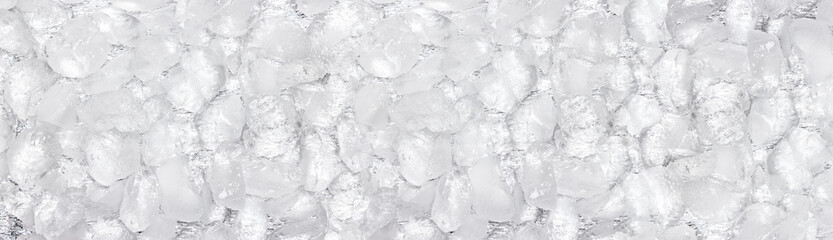 Crushed ice wide texture. Rough ice cube panoramic background