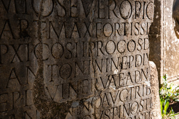 Stone inscription in ancient Roman ruin in Cuicul, Djemila, Algeria