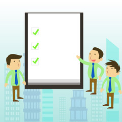 Business People Colleagues Discuss Missions Presentation Whiteboard Ticks Copy Space design Empty template text for Ad, promotion, poster, flyer, web banner, article