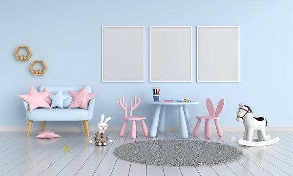 Three blank photo frame for mockup in child room, 3D rendering