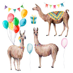 Watercolor party lama set. Hand drawn illustration with air balloons, gift box and flags garlands isolated on white background. For holiday, birthday, design, print, fabric or background. © yuliya_derbisheva